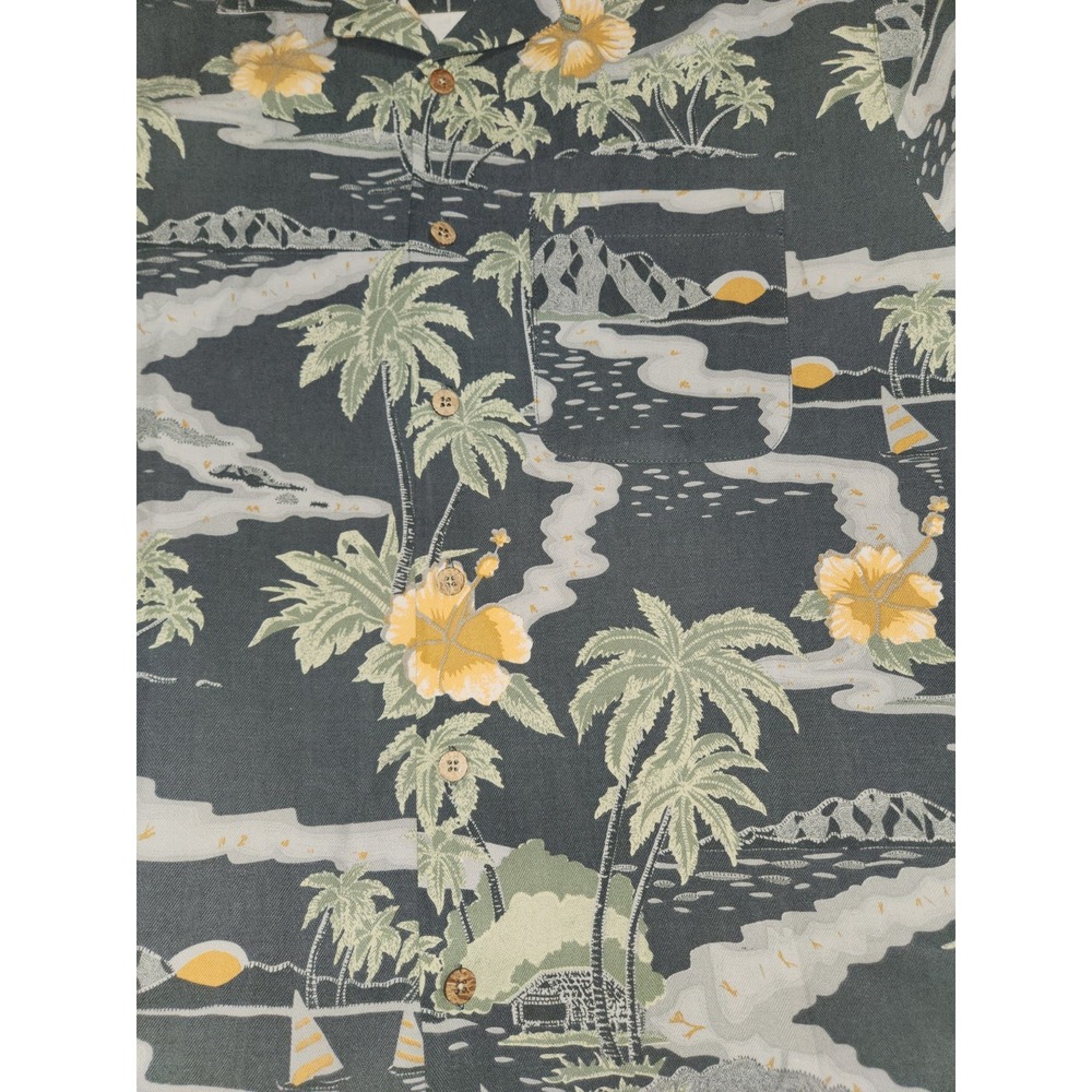 Tommy Bahama Men's 100% Silk Shirt Medium Grey Yellow Tropical - Picture 8 of 9